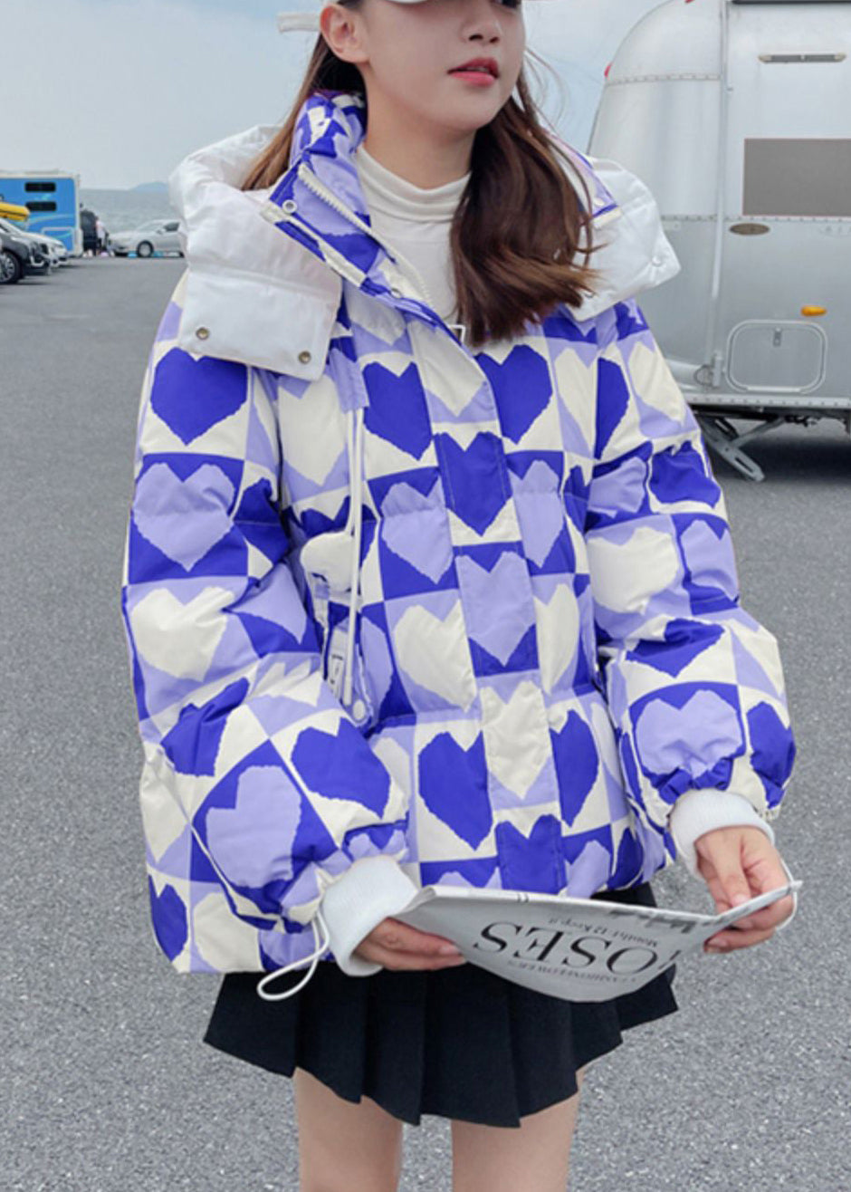 Cute Pink Hooded Heart Print Fine Cotton Filled Jacket In Winter