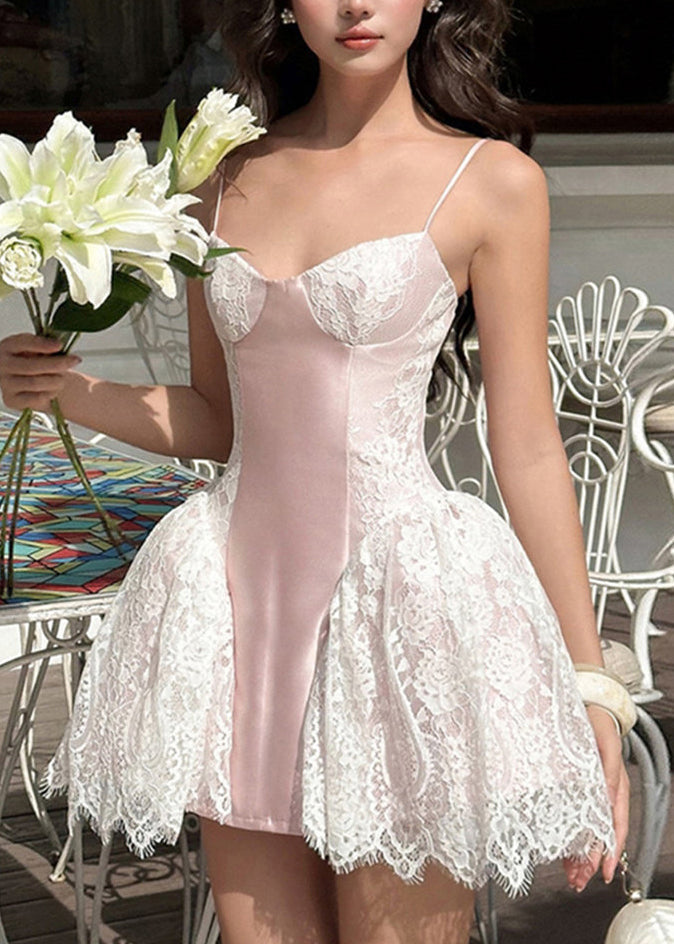 Cute Pink Lace Patchwork Silk Mini Strap Dresses Summer