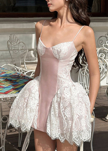 Cute Pink Lace Patchwork Silk Mini Strap Dresses Summer