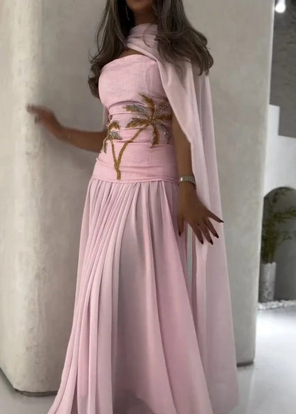 Cute Pink Nail Bead Shawl Long Dress Batwin Sleeve