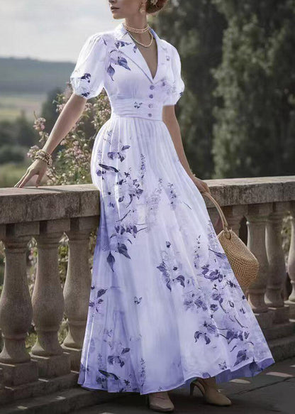 Cute Pink Notched Print Tunic Long Dress Lantern Sleeve