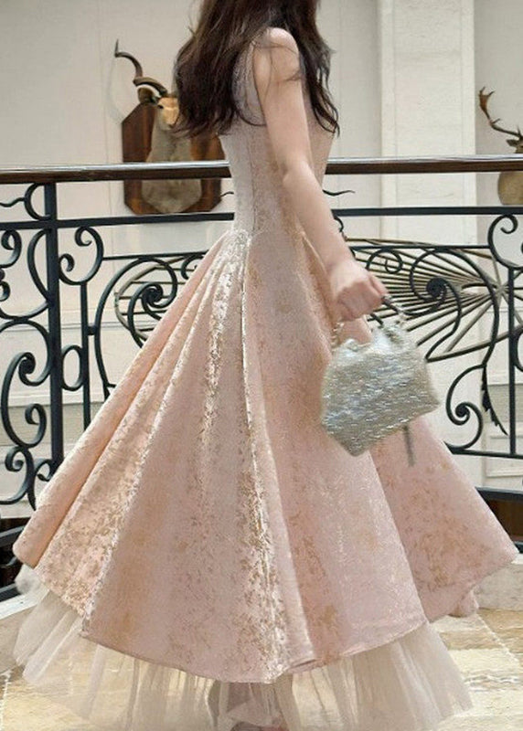 Cute Pink O-Neck Bow Patchwork Maxi Dresses Summer