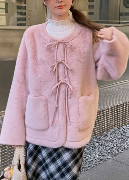 Cute Pink O-Neck Button Mink Hair Coat Long Sleeve
