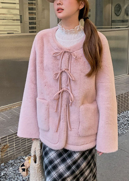 Cute Pink O-Neck Button Mink Hair Coat Long Sleeve