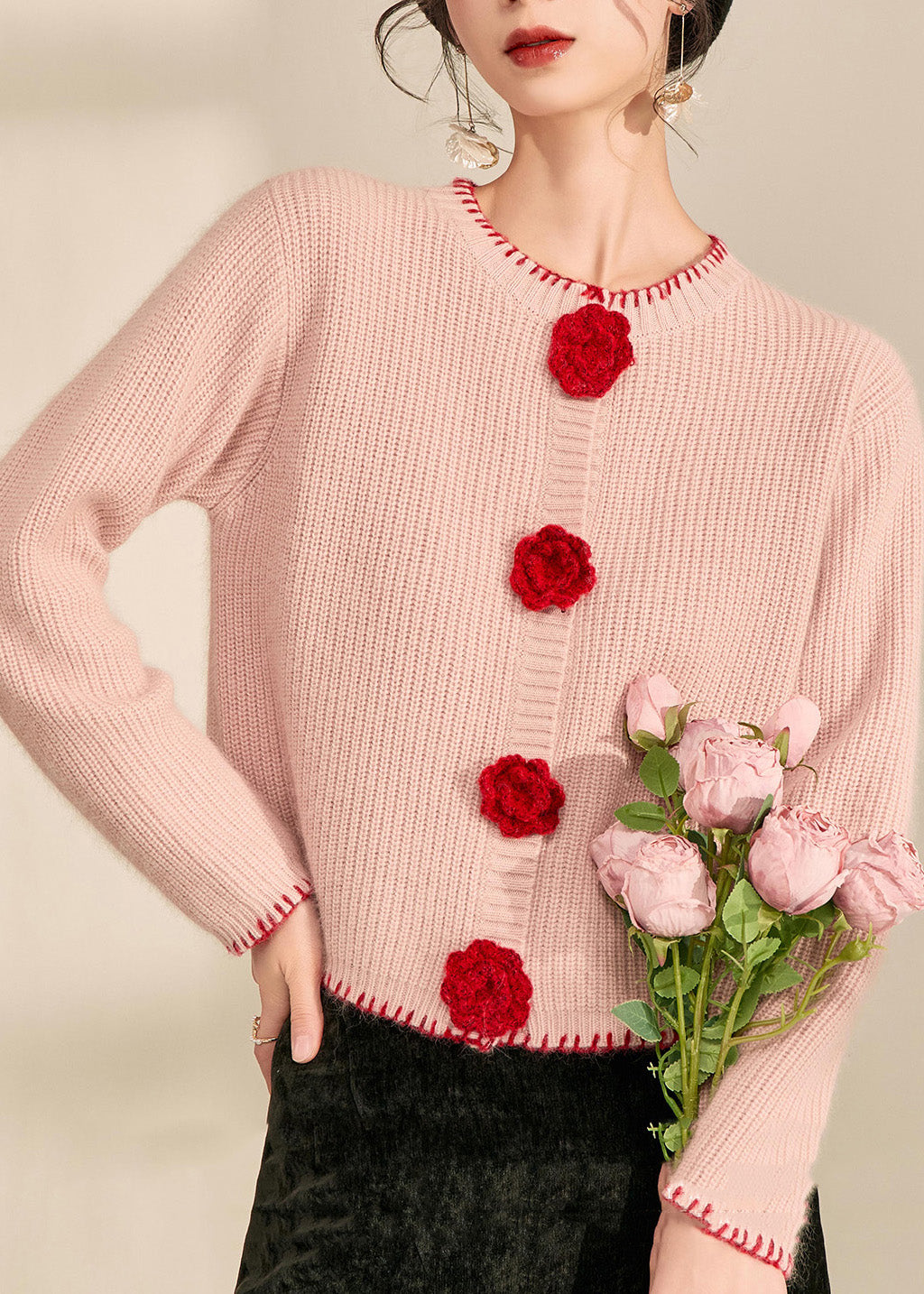 Cute Pink O-Neck Floral Button Cotton Knit Cardigans Spring