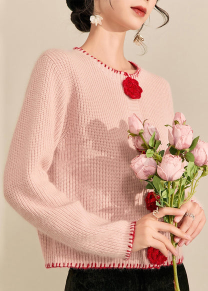 Cute Pink O-Neck Floral Button Cotton Knit Cardigans Spring