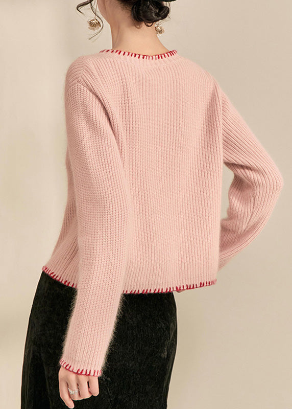 Cute Pink O-Neck Floral Button Cotton Knit Cardigans Spring