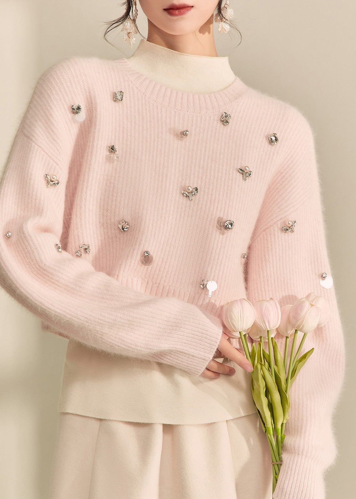 Cute Pink O-Neck Nail Bead Cotton Knit Short Sweater Spring