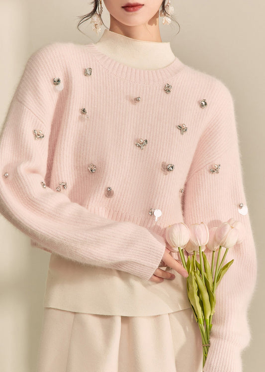 Cute Pink O-Neck Nail Bead Cotton Knit Short Sweater Spring