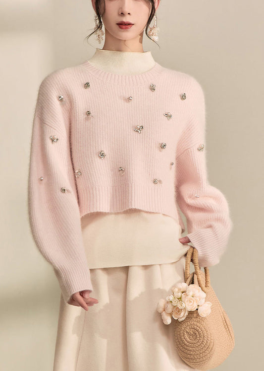 Cute Pink O-Neck Nail Bead Cotton Knit Short Sweater Spring