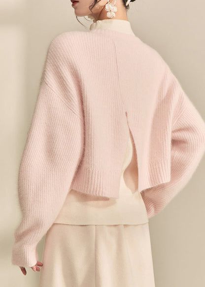 Cute Pink O-Neck Nail Bead Cotton Knit Short Sweater Spring