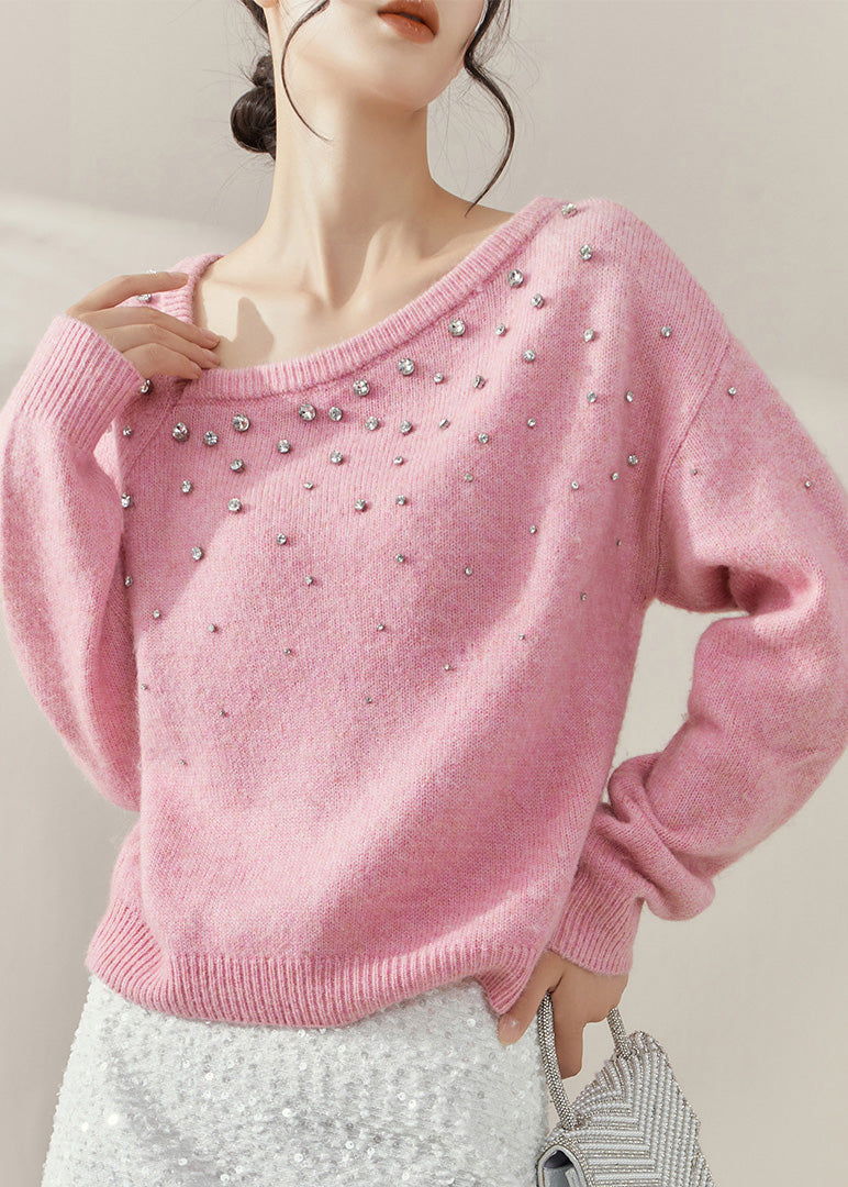 Cute Pink O-Neck Nail Bead Cozy Cotton Knit Sweater Spring