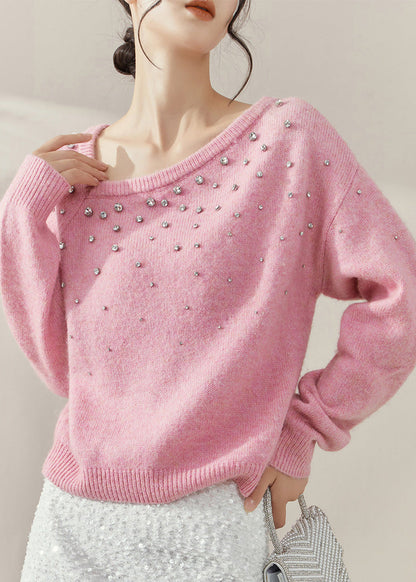 Cute Pink O-Neck Nail Bead Cozy Cotton Knit Sweater Spring