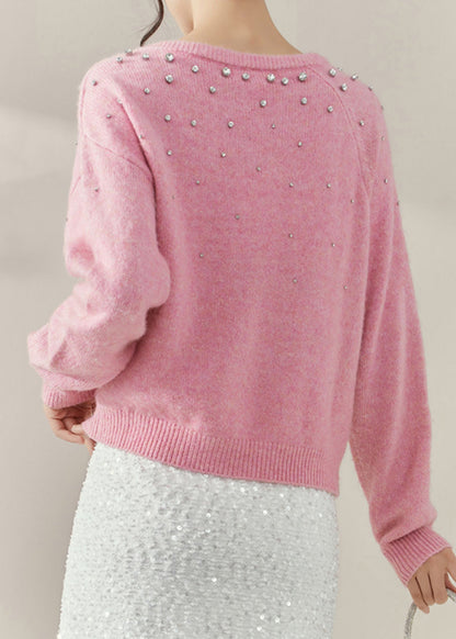 Cute Pink O-Neck Nail Bead Cozy Cotton Knit Sweater Spring