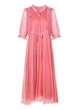 Load image into Gallery viewer, Cute Pink O-Neck Patchwork Wrinkled Silk Maxi Dress Summer