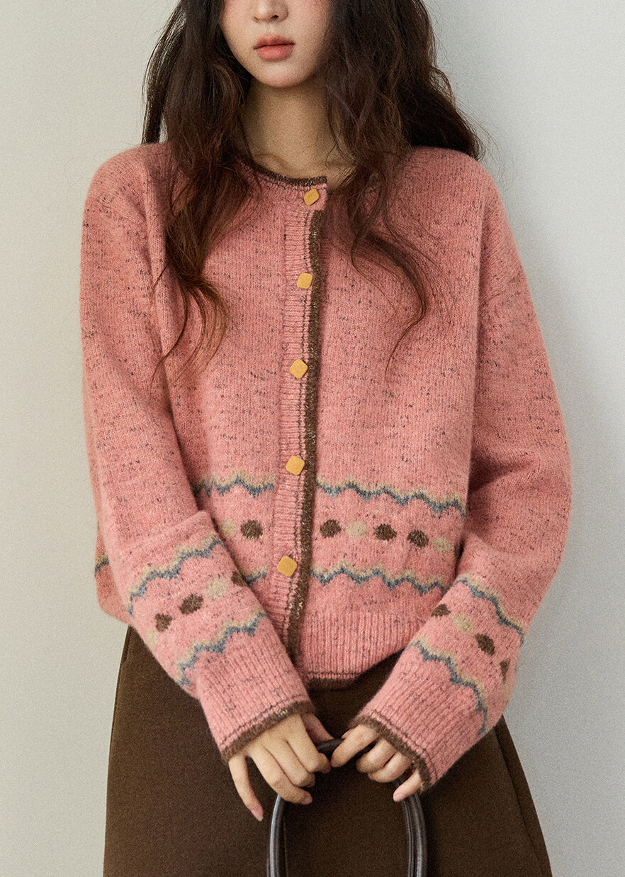 Cute Pink O-Neck Print Button Cotton Knit Cardigans Spring