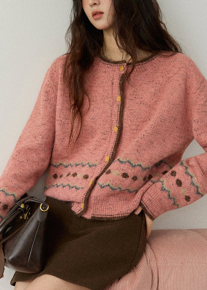 Cute Pink O-Neck Print Button Cotton Knit Cardigans Spring