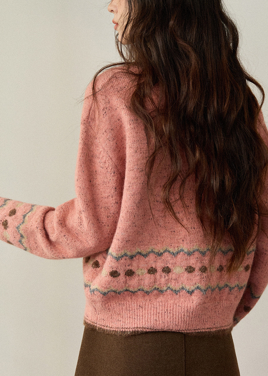 Cute Pink O-Neck Print Button Cotton Knit Cardigans Spring