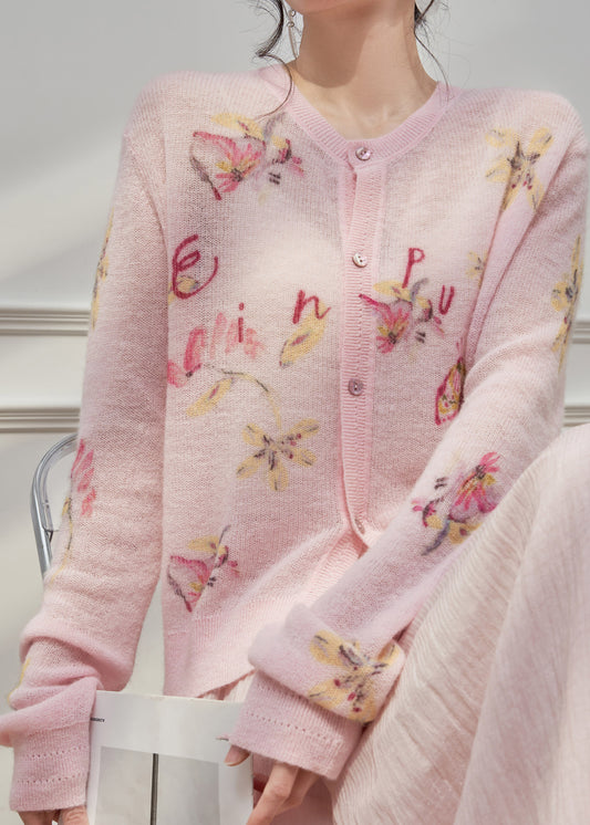 Cute Pink O-Neck Print Button Knit Cardigans Spring