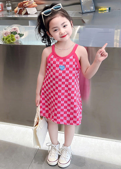Cute Pink O-Neck Print Girls Slip Mid Dress Summer