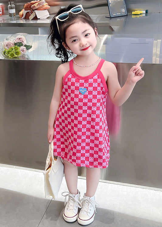 Cute Pink O-Neck Print Girls Slip Mid Dress Summer