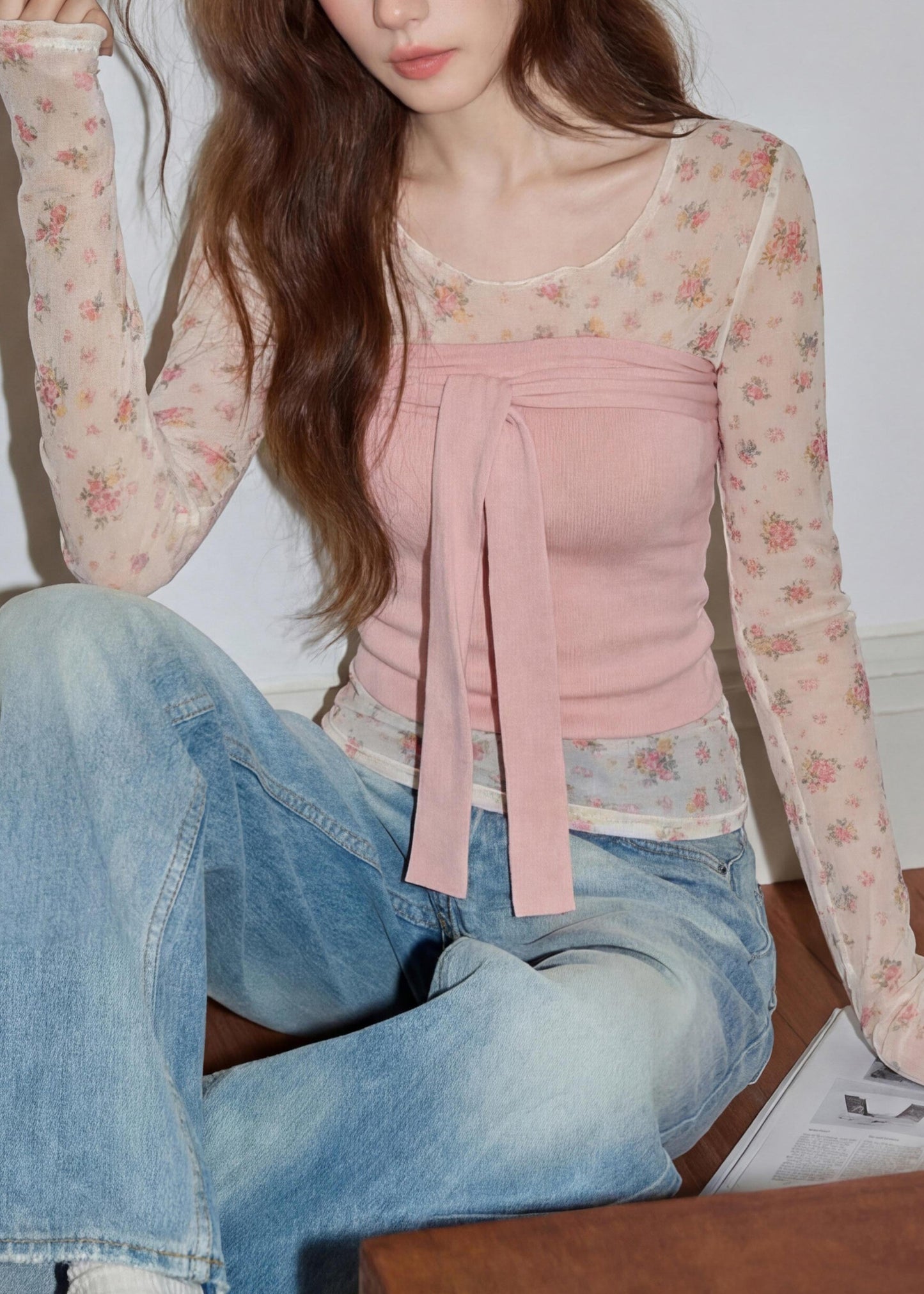 Cute Pink O-Neck Print Tie Waist Top Two Piece Set Long Sleeve