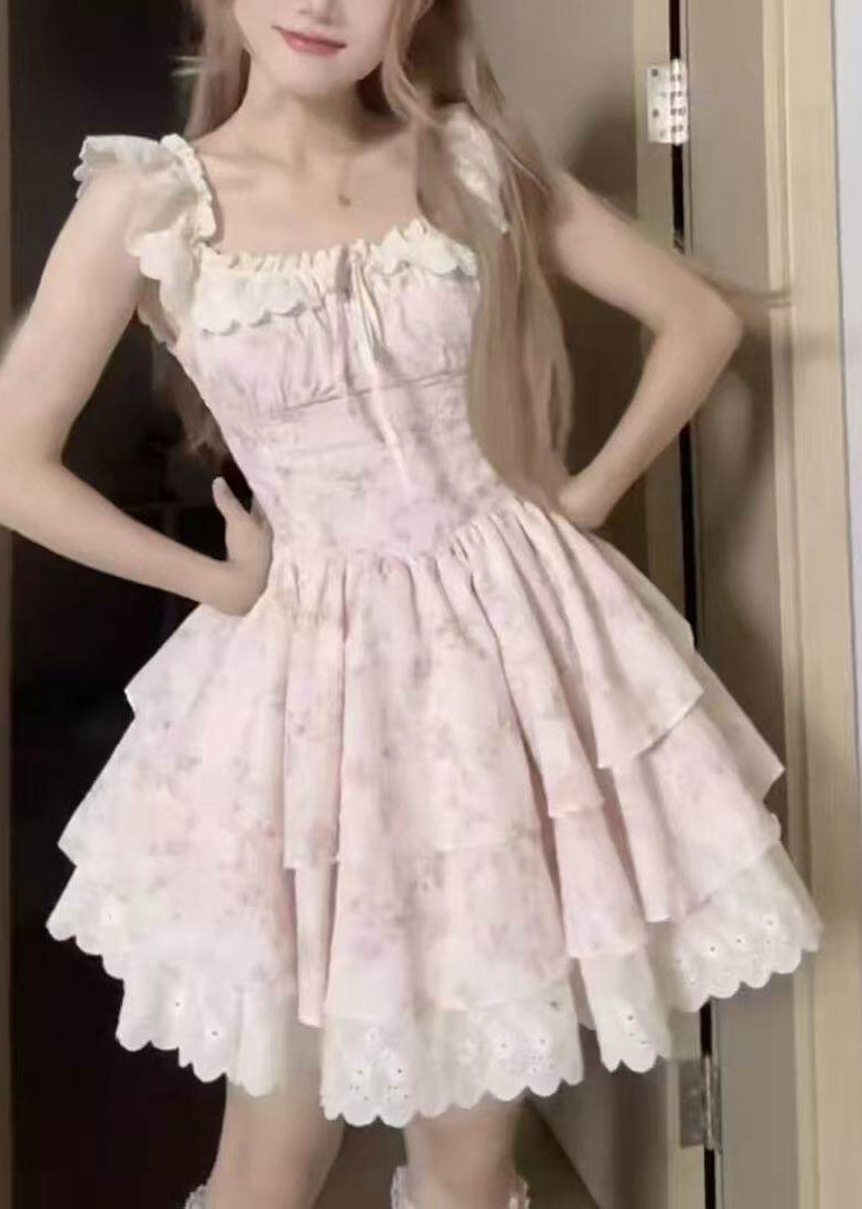 Cute Pink O-Neck Print Wrinkled Mid Dress Short Sleeve