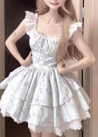 Cute Pink O-Neck Print Wrinkled Mid Dress Short Sleeve