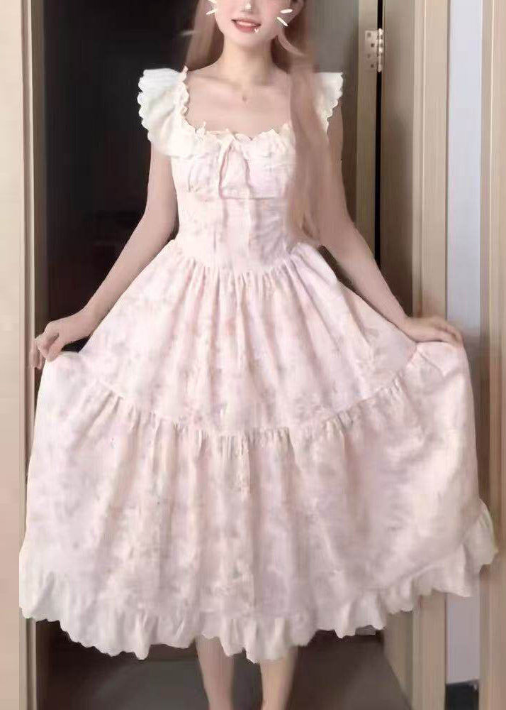 Cute Pink O-Neck Print Wrinkled Mid Dress Short Sleeve
