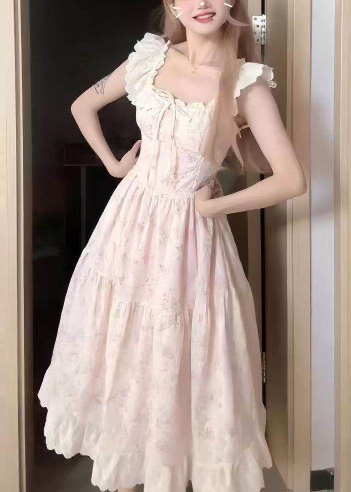 Cute Pink O-Neck Print Wrinkled Mid Dress Short Sleeve