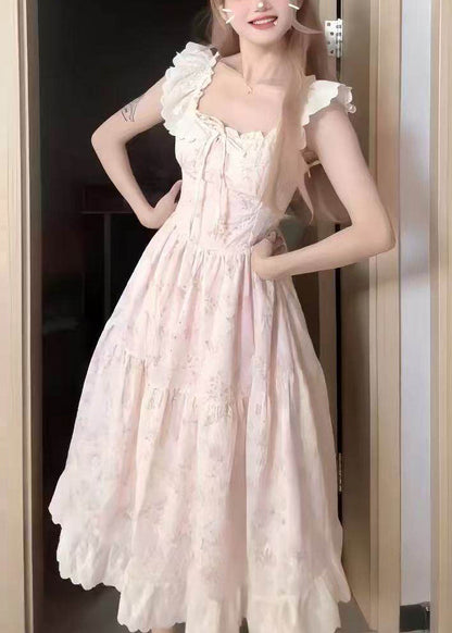 Cute Pink O-Neck Print Wrinkled Mid Dress Short Sleeve