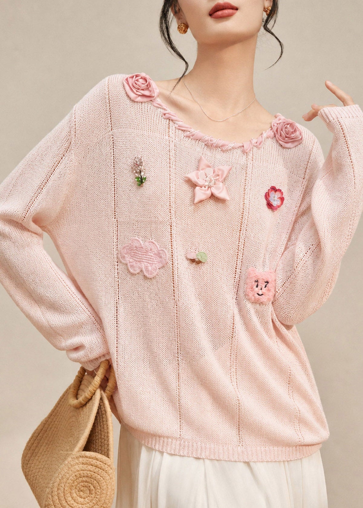 Cute Pink O-Neck Rose Cotton Knit Sweaters Fall