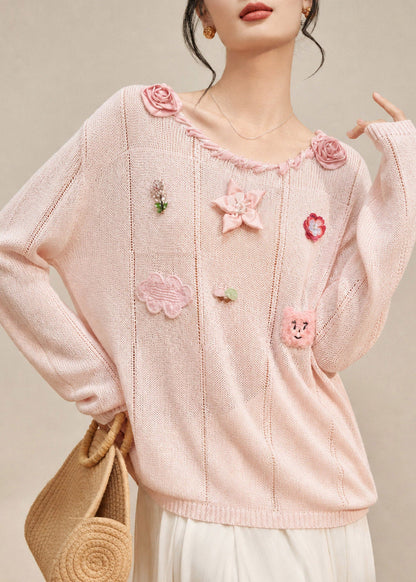 Cute Pink O-Neck Rose Cotton Knit Sweaters Fall