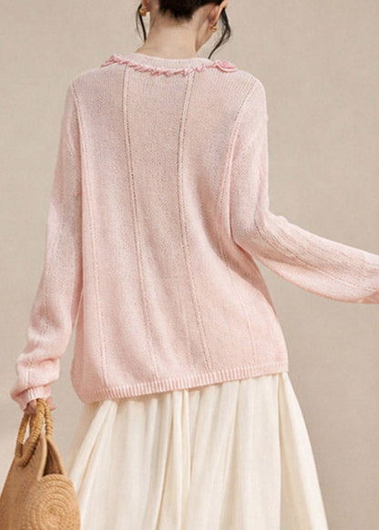 Cute Pink O-Neck Rose Cotton Knit Sweaters Fall
