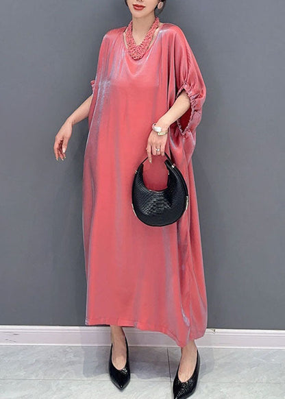 Cute Pink O-Neck Solid Silk Long Dress Short Sleeve