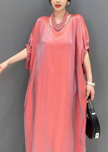 Cute Pink O-Neck Solid Silk Long Dress Short Sleeve