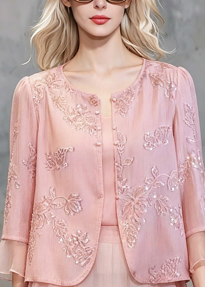 Cute Pink Patchwork Button Fake Two-Piece Chiffon Shirt Three Quarter Sleeve