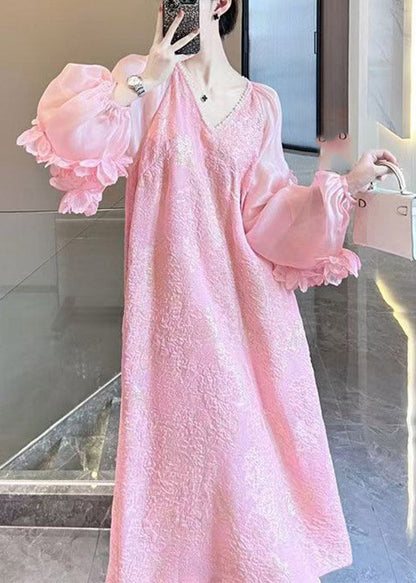 Cute Pink Patchwork Floral Long Dress V Neck Spring