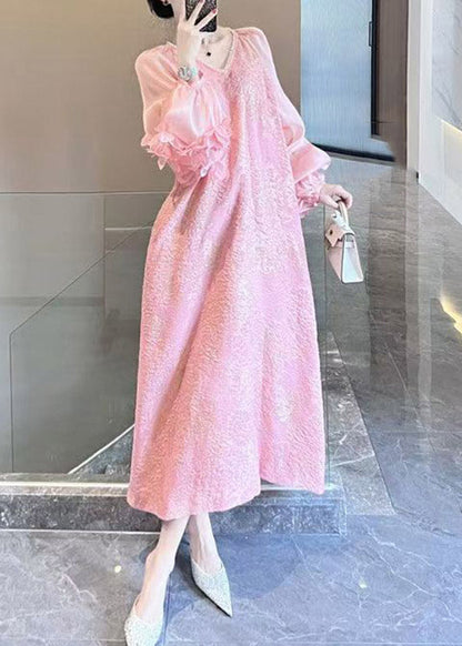 Cute Pink Patchwork Floral Long Dress V Neck Spring