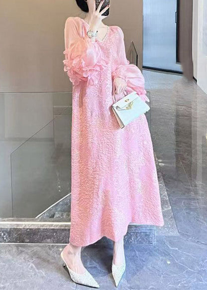 Cute Pink Patchwork Floral Long Dress V Neck Spring