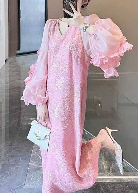 Cute Pink Patchwork Floral Long Dress V Neck Spring