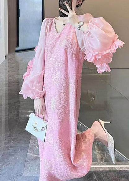 Cute Pink Patchwork Floral Long Dress V Neck Spring