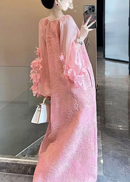 Cute Pink Patchwork Floral Long Dress V Neck Spring