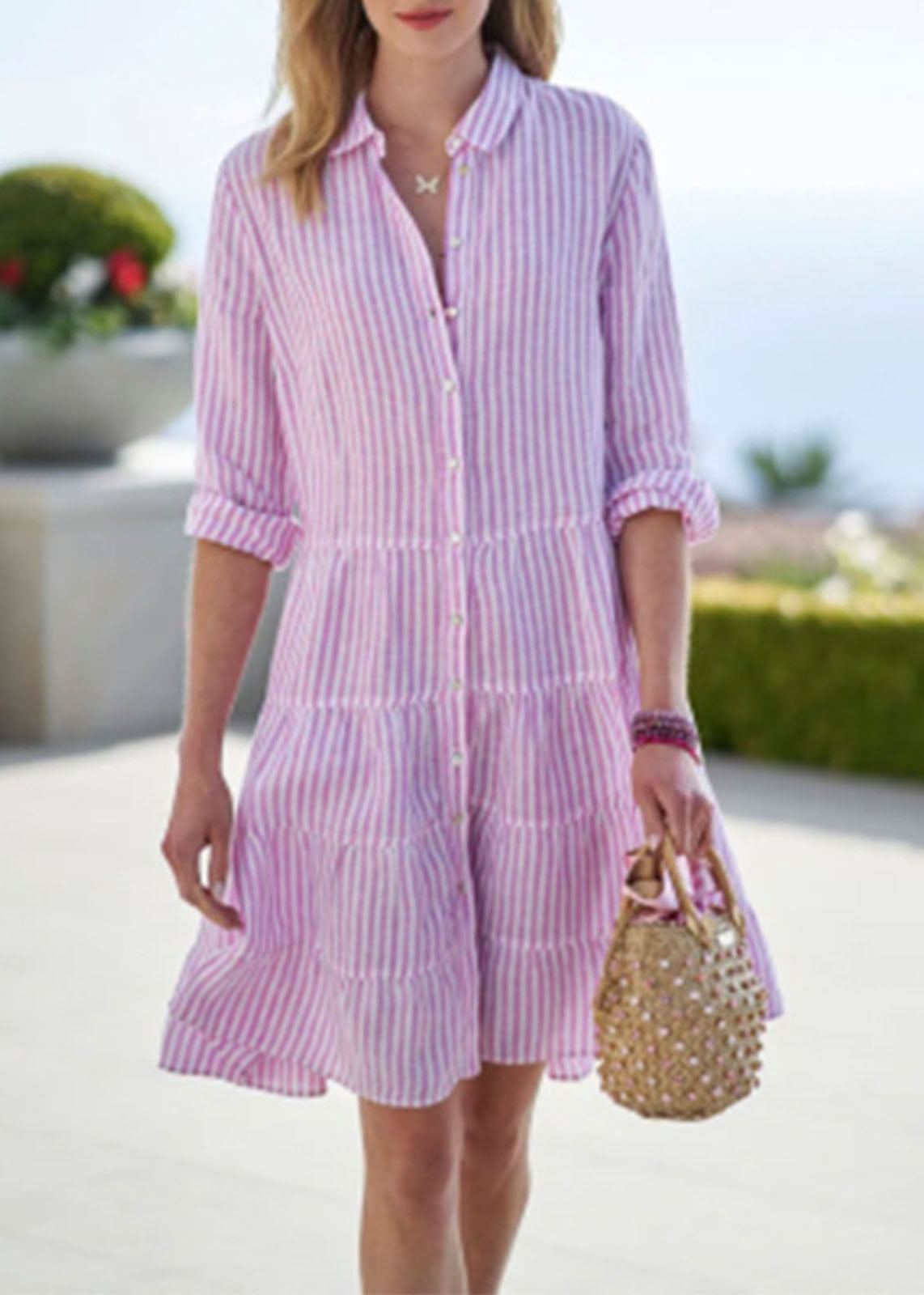 Cute Pink Peter Pan Collar Button Mid Dress Half Sleeve