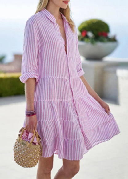 Cute Pink Peter Pan Collar Button Mid Dress Half Sleeve