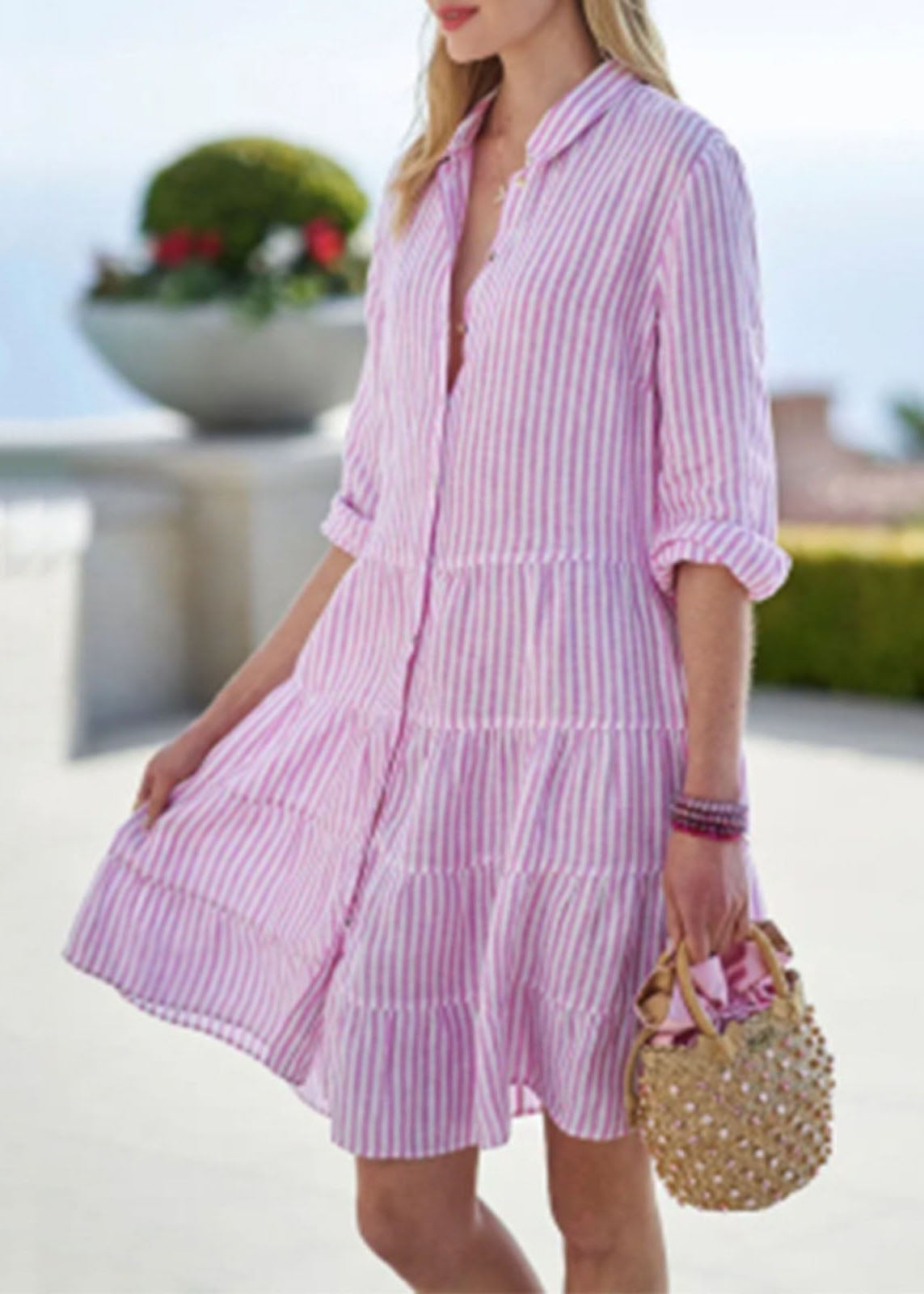 Cute Pink Peter Pan Collar Button Mid Dress Half Sleeve