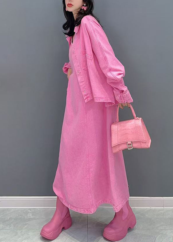 Cute Pink Peter Pan Collar Coats And Long Dresses Two Pieces Set Puff Sleeve