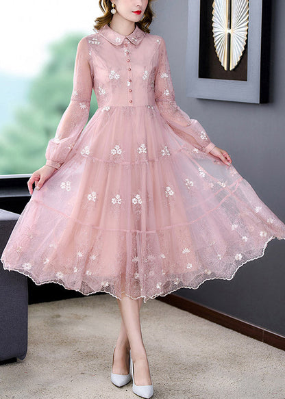 Cute Pink Peter Pan Collar Embroidered Floral Patchwork Button Tulle Maxi Dress Long Sleeve