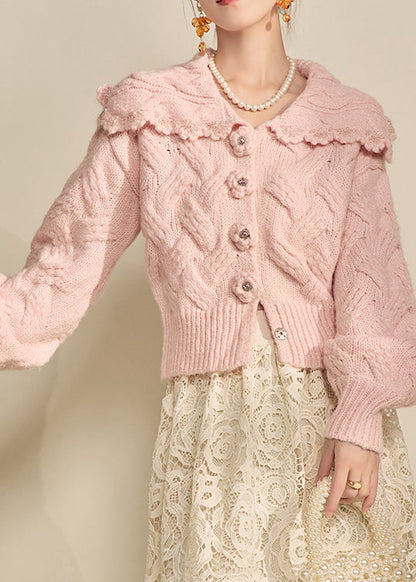 Cute Pink Peter Pan Collar Nail Bead Knit Coat Winter