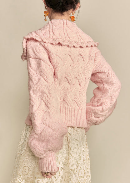 Cute Pink Peter Pan Collar Nail Bead Knit Coat Winter